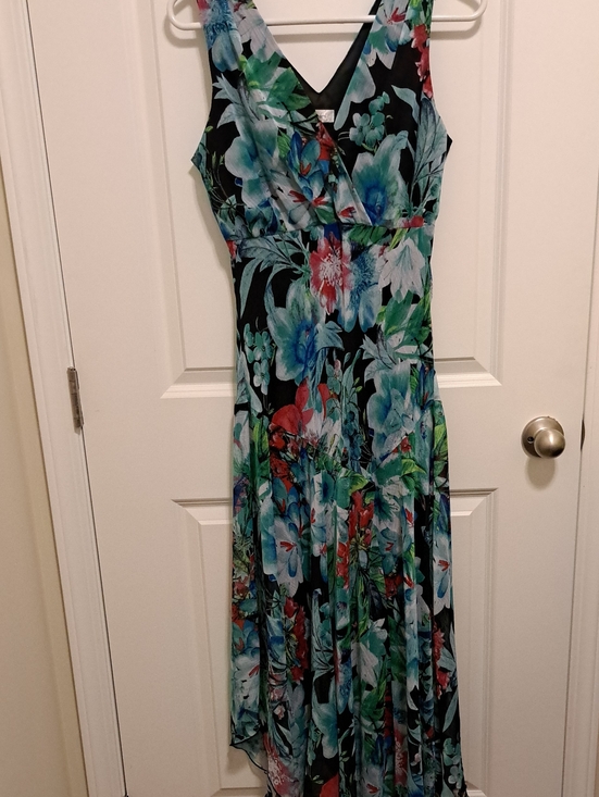 dressbarn Dresses & Skirts - dressbarn Black Maxi Dress with Aqua, Green and Red Floral Print